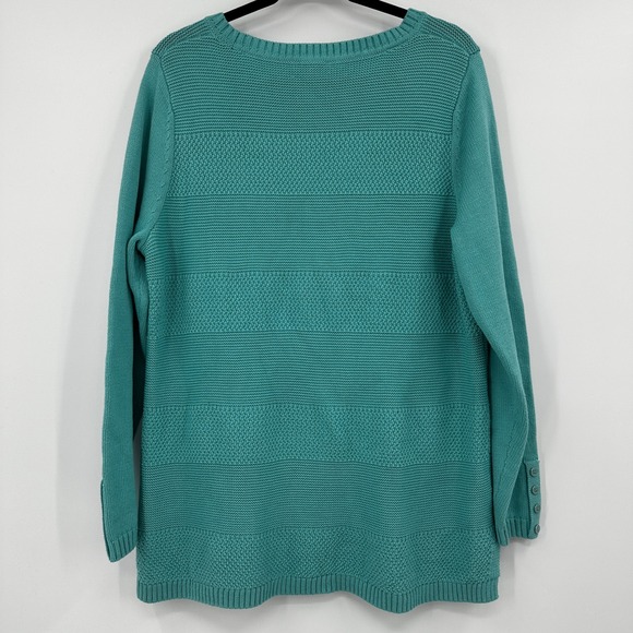 Talbots Womens Sweater 1X Teal Blue Textured Knit Crew Neck Button Sleeve Cotton - Picture 6 of 9